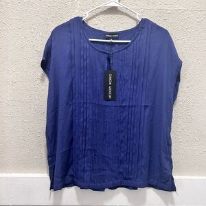 Modern Works Navy Blue Pleated Front Blouse NWT M